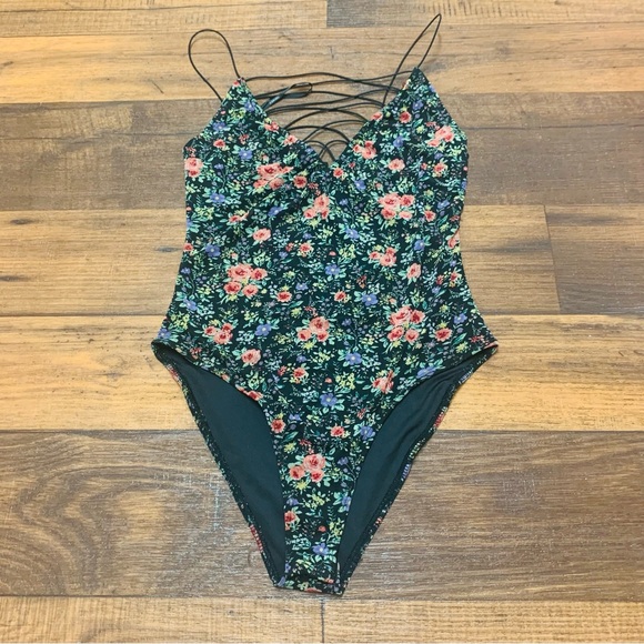 Forever 21 Tops - Forever 21 Black Floral Bodysuit Womens Sz S Strappy Mesh Sleeveless Top Stretch